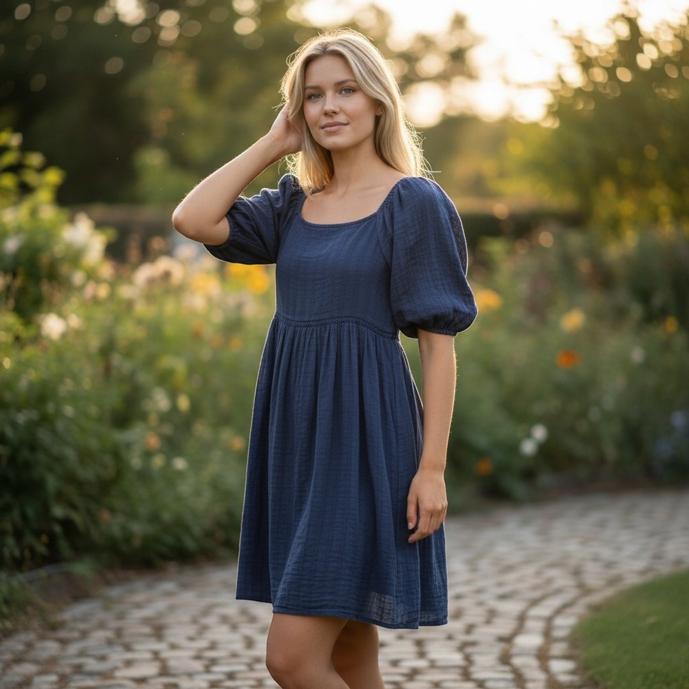 282. American Eagle‎ Navy Gauze Puff Sleeve Mini Dress Floral Embroidered Medium